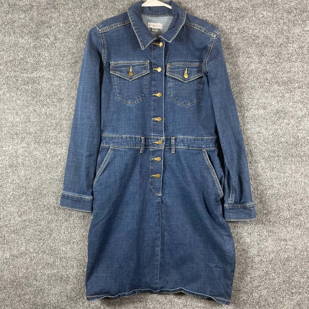 Calvin Klein Dress Womens 2 Blue Denim Button Up Jacket Shirt Pockets Collared